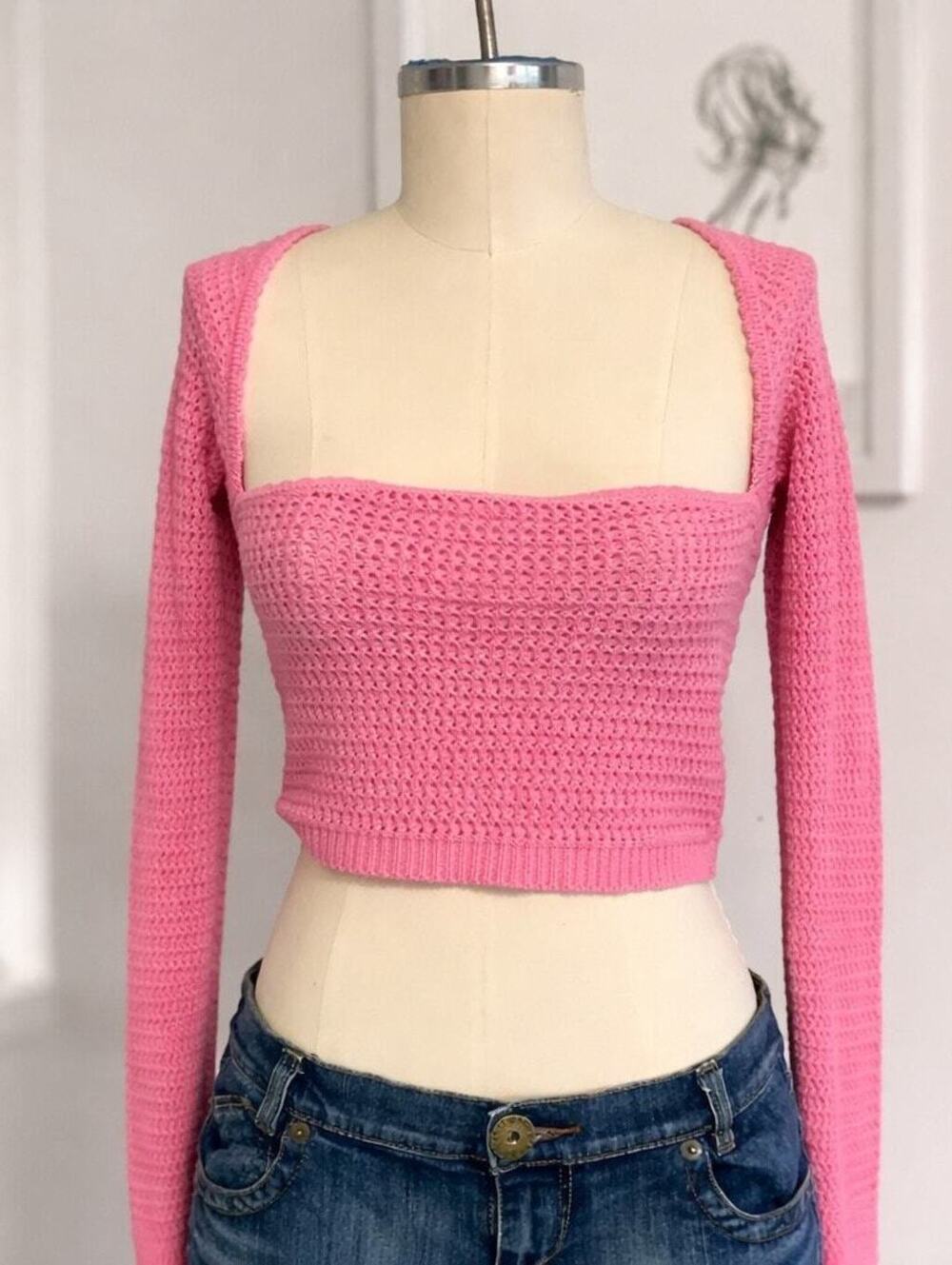 American Eagle Crochet Crop Top Pink Medium Long Sleeve CutOut Boho Knit Midriff